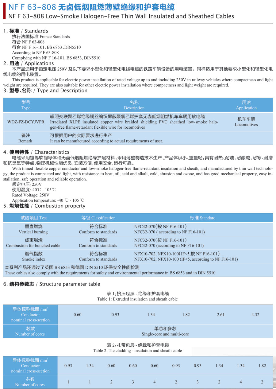 NF F 63-808 無(wú)鹵低煙阻燃薄壁絕緣和護(hù)套電纜